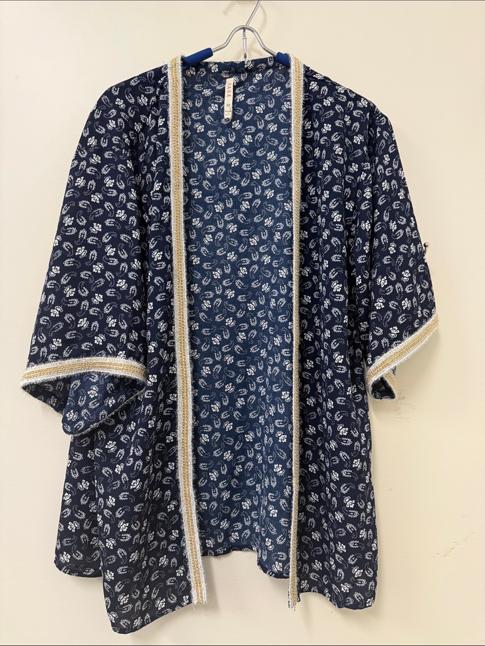 RAGA Navy Floral Open-Front Kimono with Metallic Trim- waist length